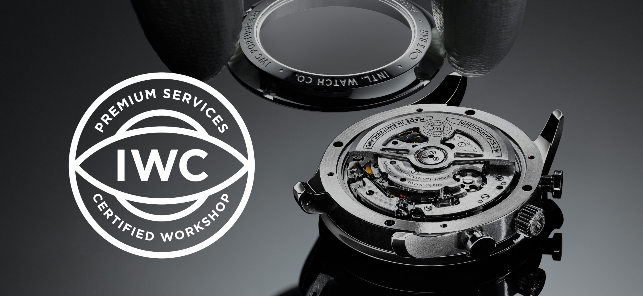 IWC logo on the left and hands placing stainless steel watch case on mechanism on the right
